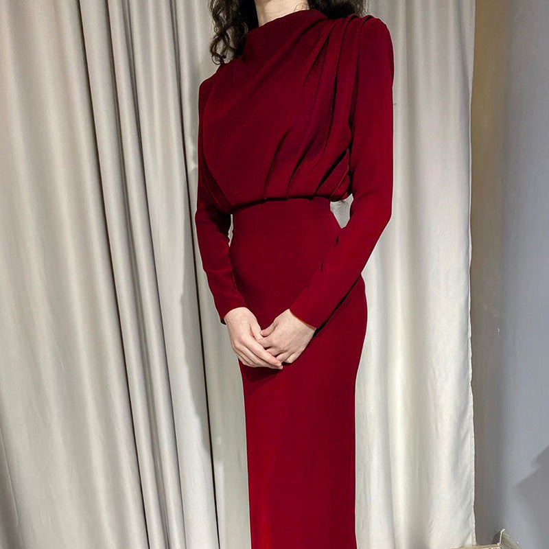 Women Elegant Long Sleeve Pleated Slim Dress