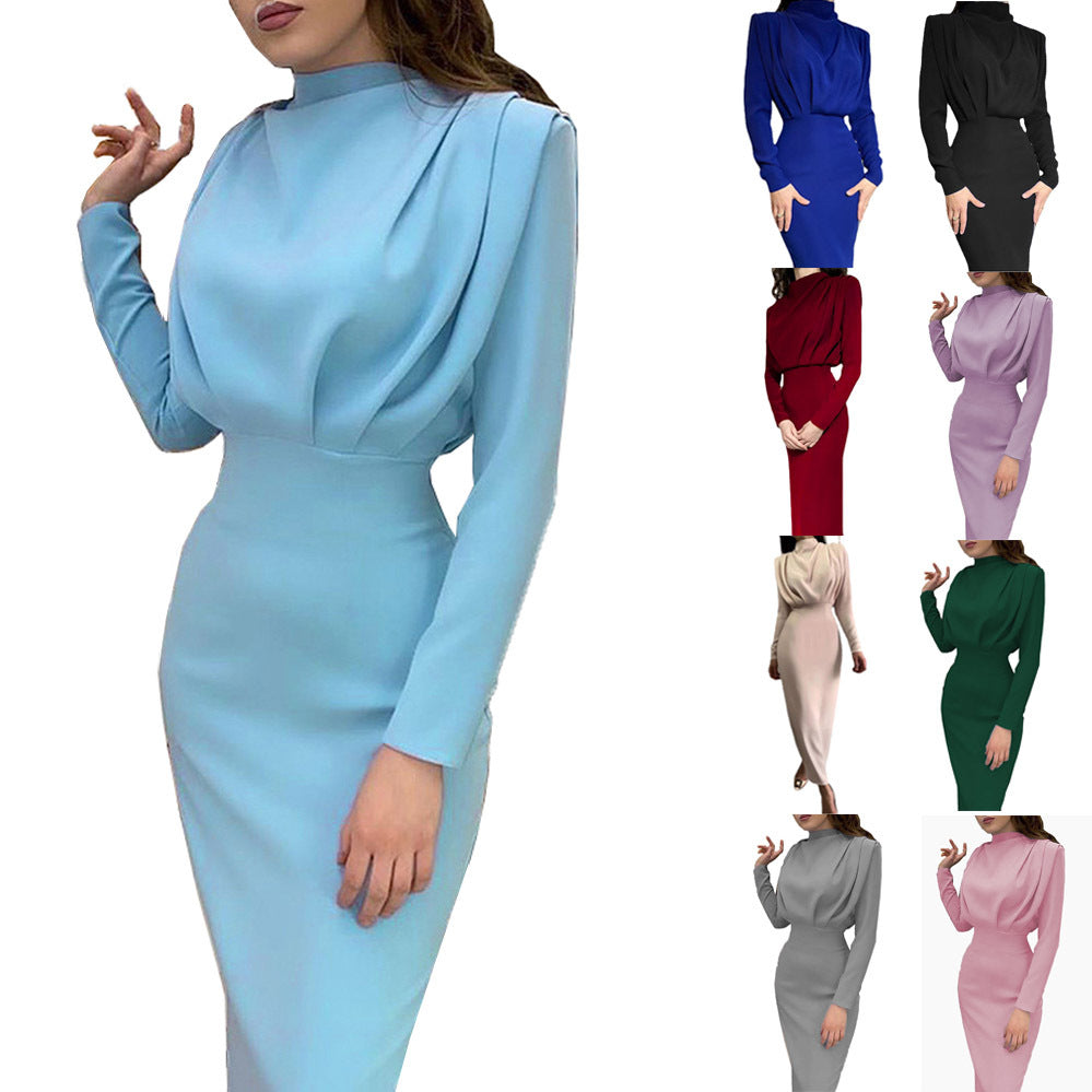 Women Elegant Long Sleeve Pleated Slim Dress