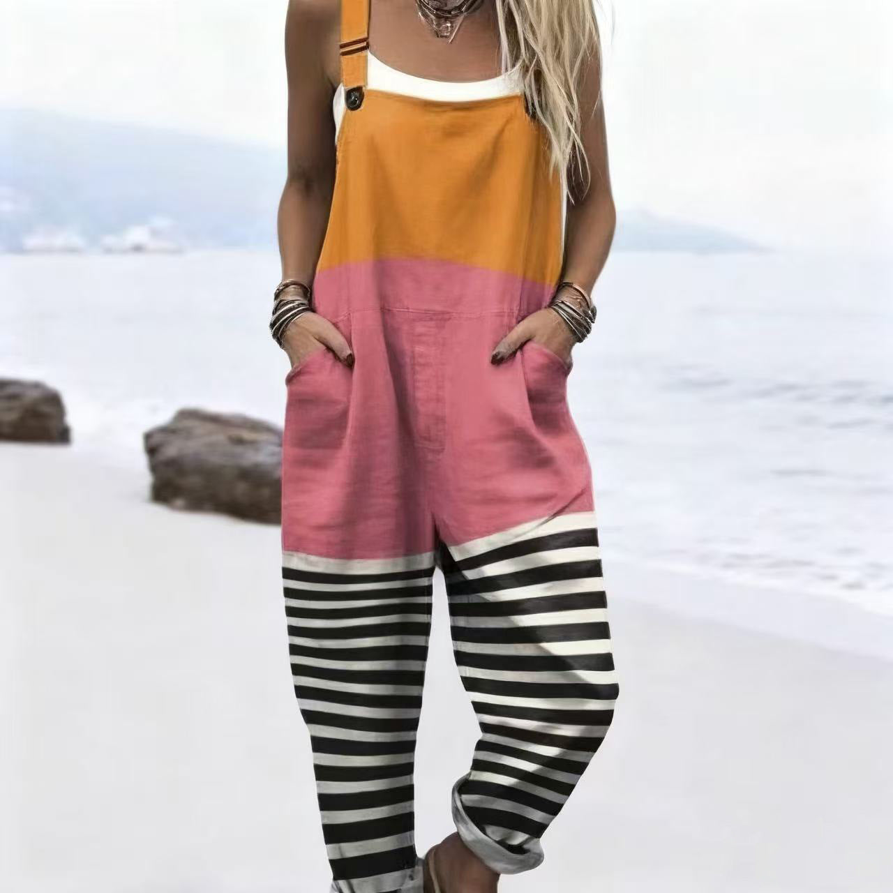 Printed Button Suspenders Casual Pants Suspenders